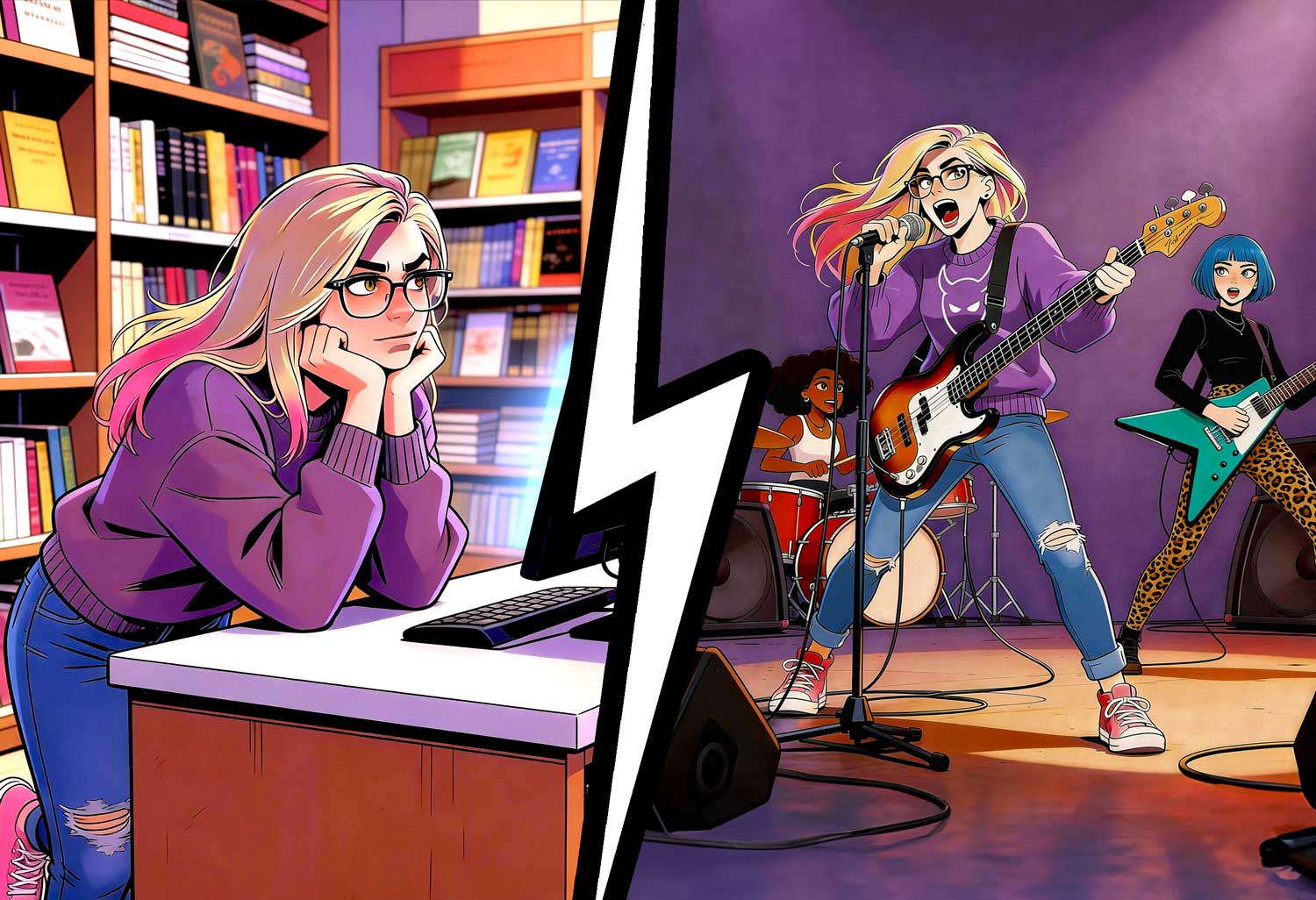 Split image showing Dee working in a bookshop and rocking out on stage with her band.