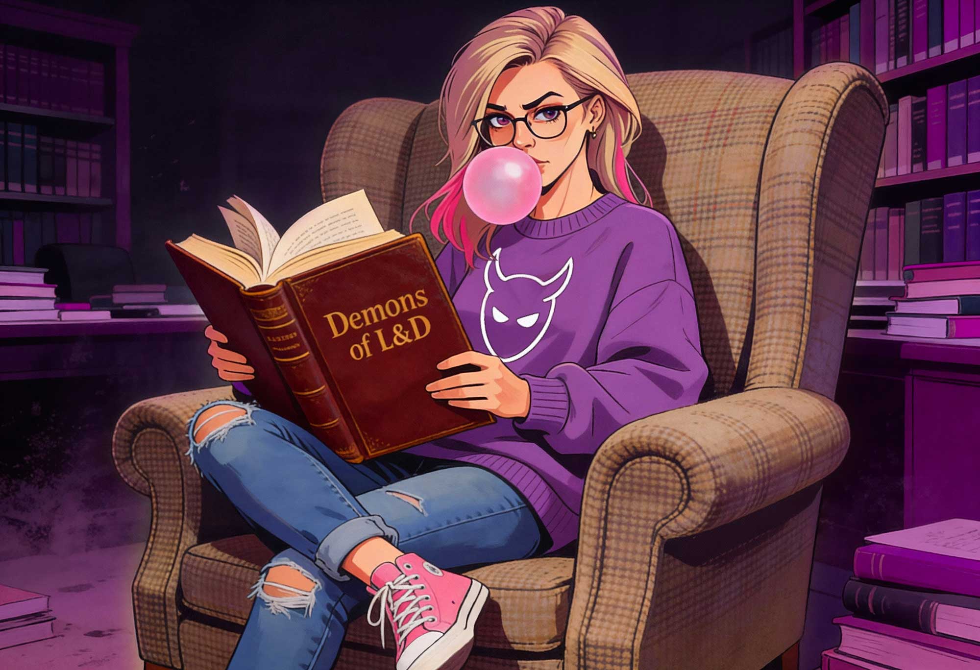 Dee sits in a chair, reading a book titled DEMONS OF L&D